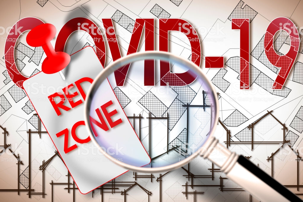 Coronavirus COVID-19 concept image with city map and red zone label.